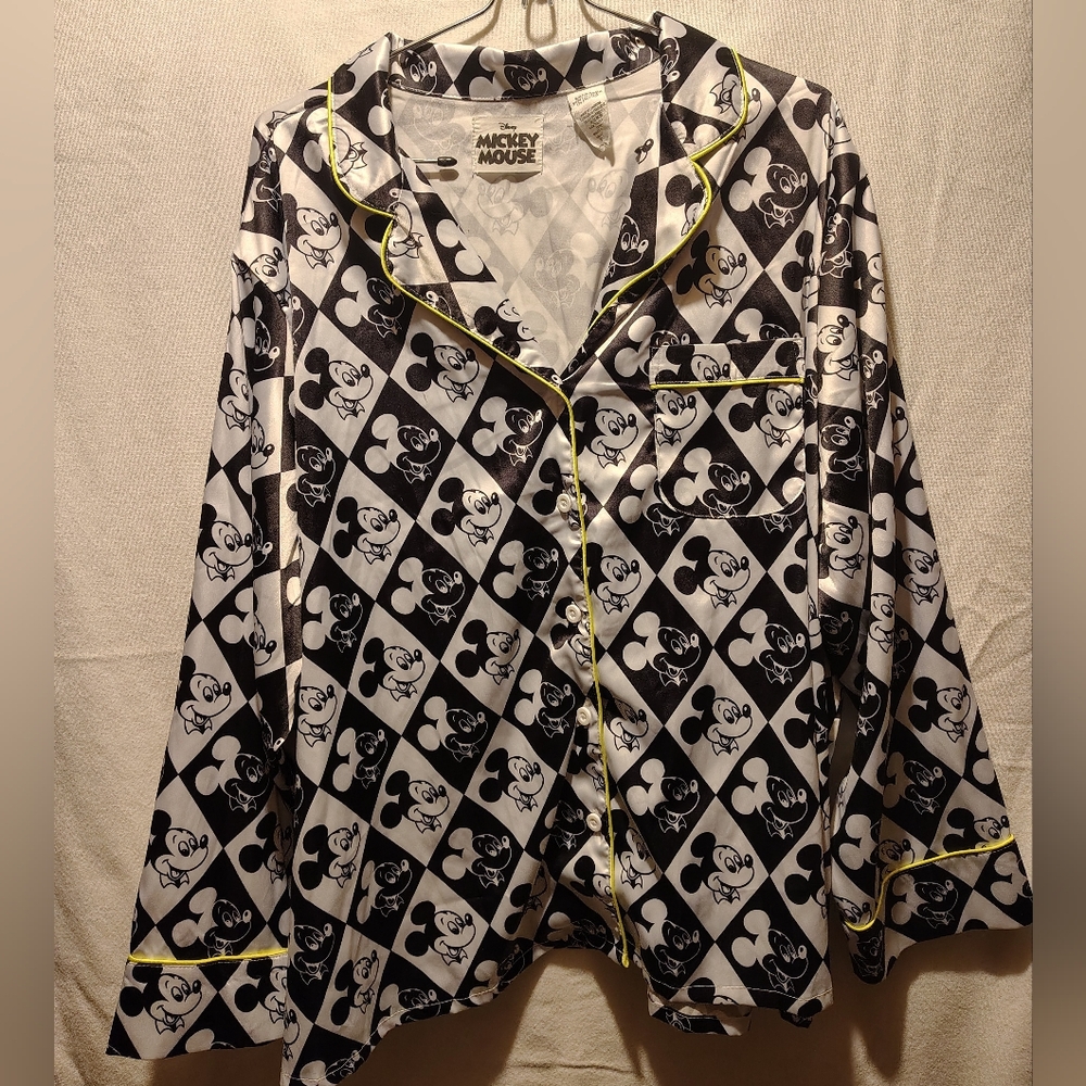 Mickey Mouse Vintage Disney Parks Silky Black & White Button Up Pajama Top SZ 3X